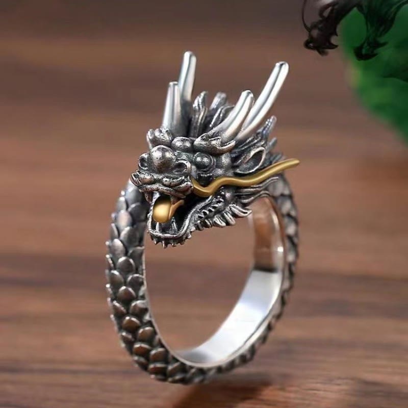 Buddha Stones Vintage Dragon Design Protection Strength Adjustable Ring