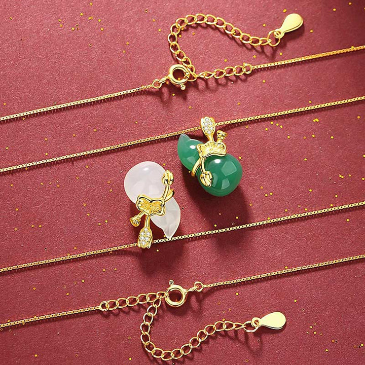 Buddha Stones Cyan Jade Gourd Lotus Leaf Abundance Pendant Necklace