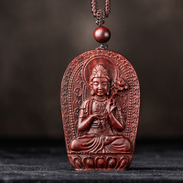 Chinese Zodiac Natal Buddha Small Leaf Red Sandalwood Lotus Protection Necklace Pendant