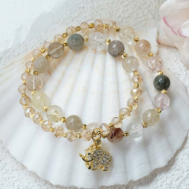 Buddha Stones Rose Quartz Elephant Healing Energy Charm Bracelet