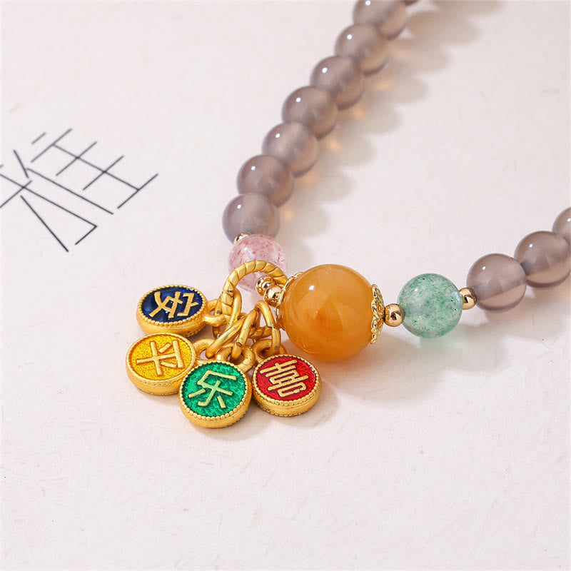 Buddha Stones Natural Gray Agate Peace And Joy Charm Balance Double Wrap Bracelet