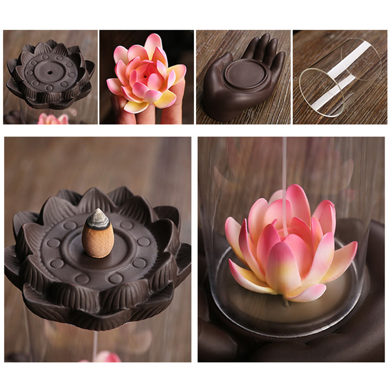 Buddha Stones Buddha Hand Lotus Enlightenment LED Light Purple Clay Ceramic Incense Burner Decoration