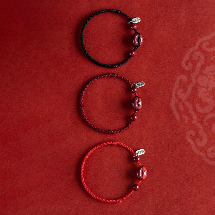 Buddha Stones Handmade Cinnabar Peace Buckle Safe and Healthy Charm Blessing String Bracelet Anklet