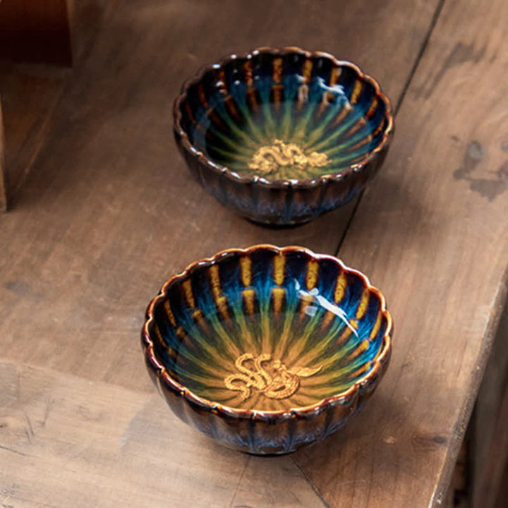 Lotus Goldfish Auspicious Dragon Phoenix Ceramic Teacup Silver Inlaid Tea Cups 130ml