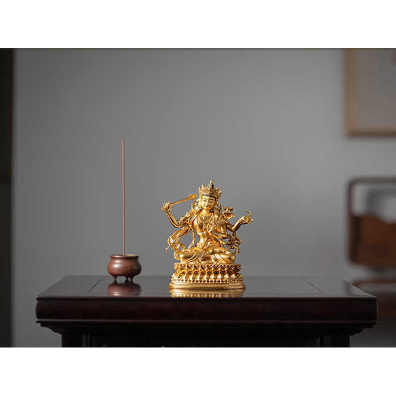 Four-armed Manjusri Bodhisattva Gold Figurine Compassion Serenity Copper Statue Home Decoration