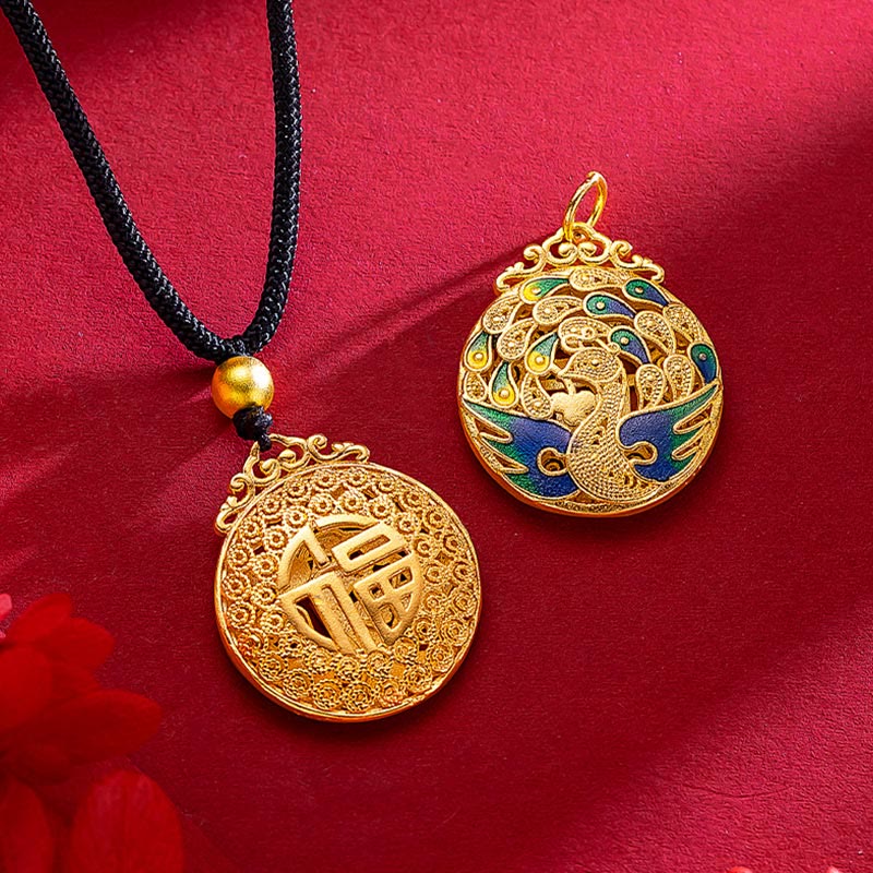 Buddha Stones Phoenix Fu Character Luck Protection Necklace Pendant