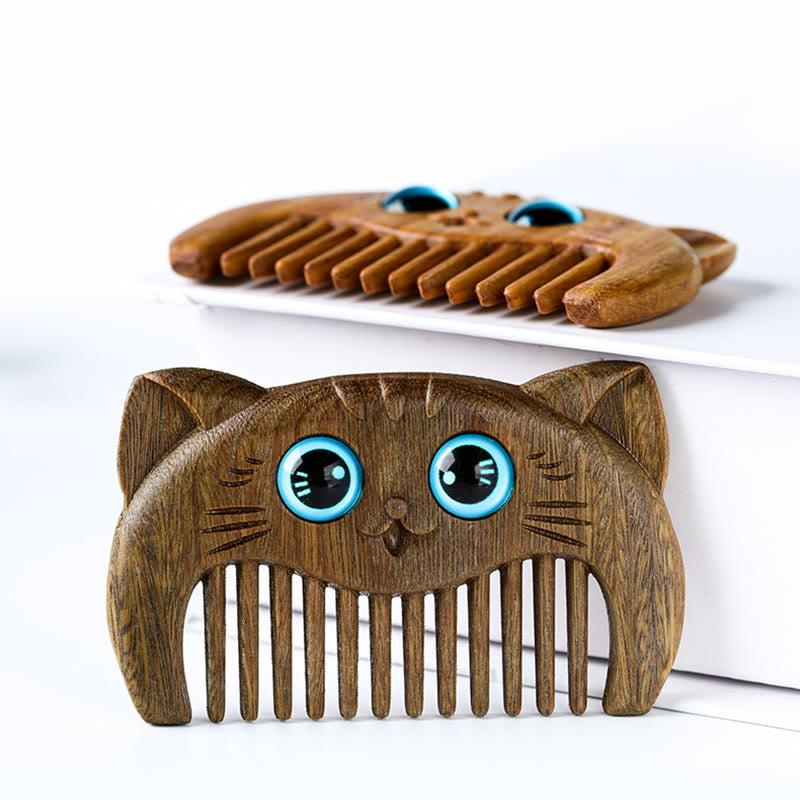 Simple Cat Pattern Green Sandalwood Cure Portable Comb