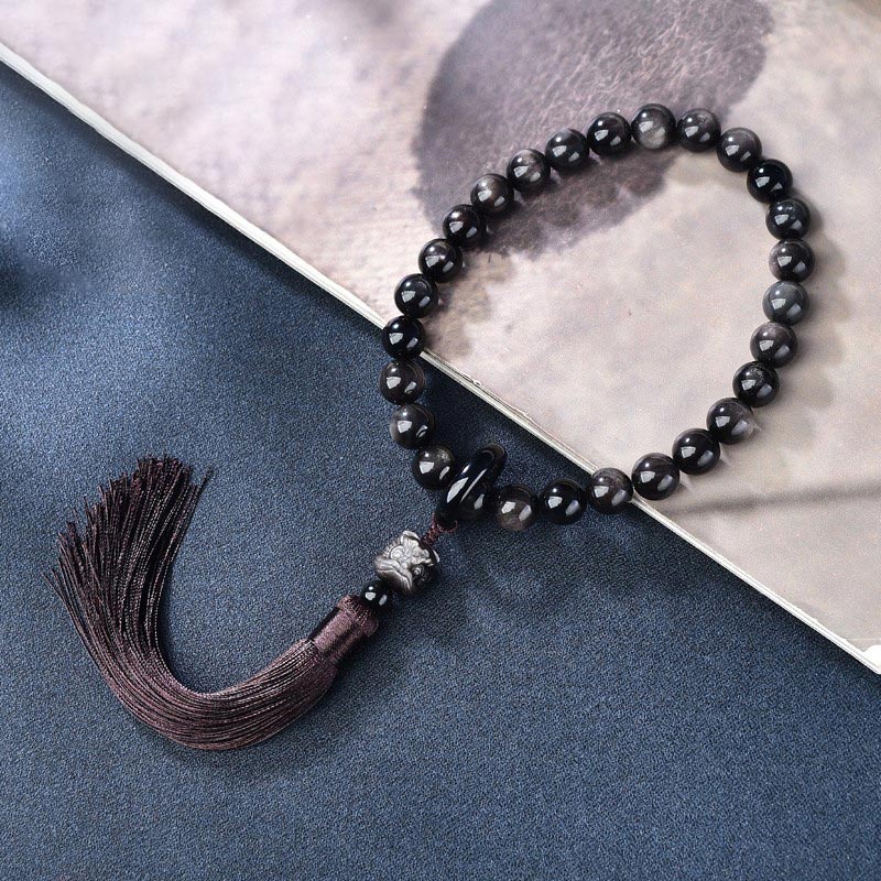 Natural Silver Sheen Obsidian Lion Wrist Mala Protection Tassels Pocket Mala Car Decoration