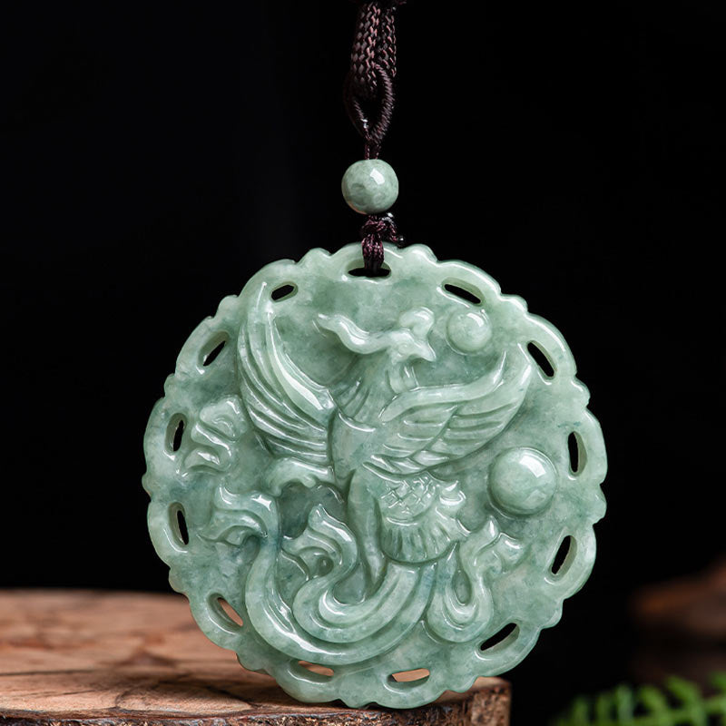 Chinese Zodiac Dragon Phoenix Round Jade Luck Necklace String Pendant