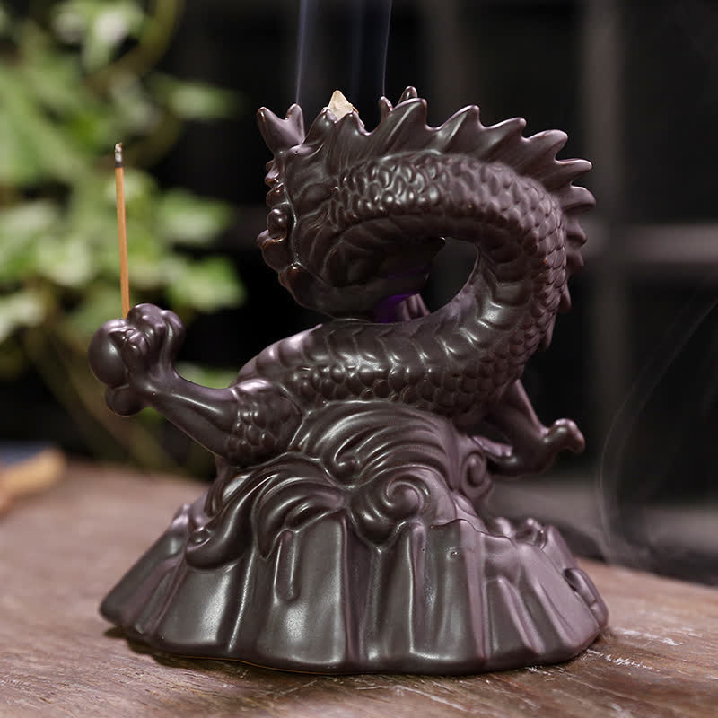 Auspicious Dragon Ceramic Backflow Smoke Fountain Meditation Healing Incense Burner Led Ball Decoration