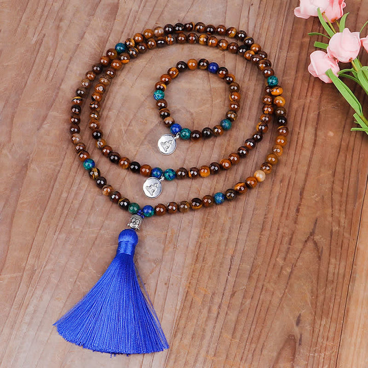 108 Mala Beads Tiger Eye Buddha Strength Bracelet Tassel Necklace Pendant