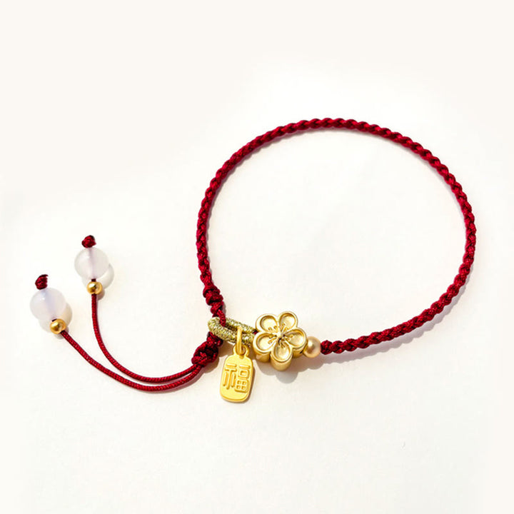 Buddha Stones Handmade Peach Blossom Rosette Bow Knot Fu Character Charm Luck Fortune Red Rope Bracelet