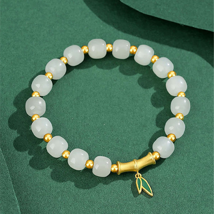 Buddha Stones 925 Sterling Silver Hetian White Jade Bamboo Luck Bracelet