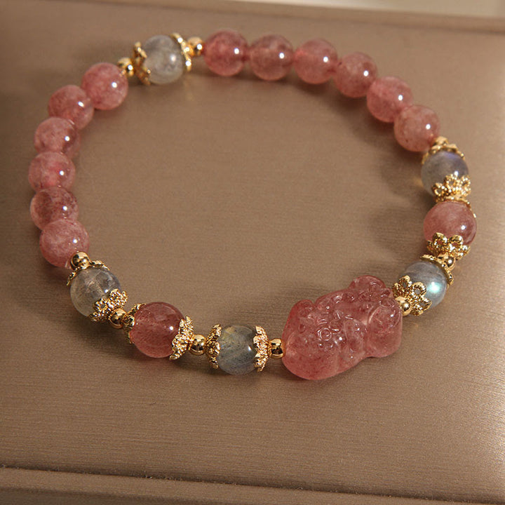 Buddha Stones Natural Strawberry Quartz Moonstone PiXiu Positive Bracelet