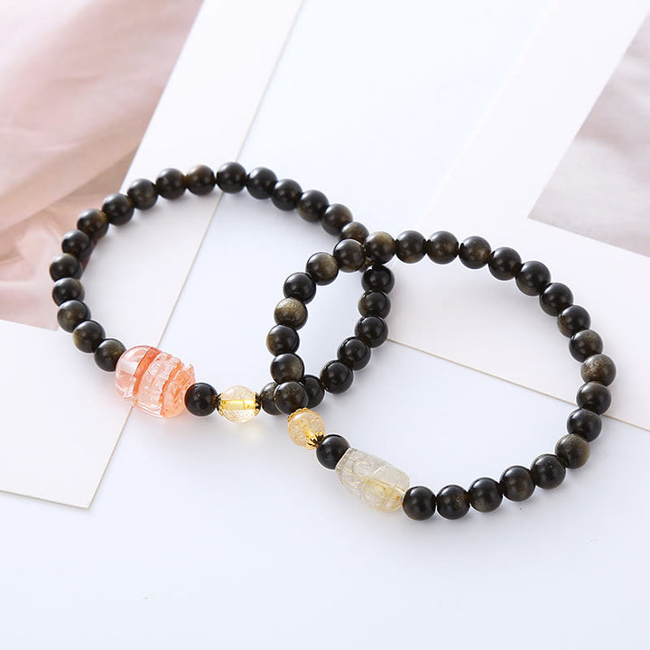 Buddha Stones Natural Gold Sheen Obsidian PiXiu Wealth Protection Bracelet