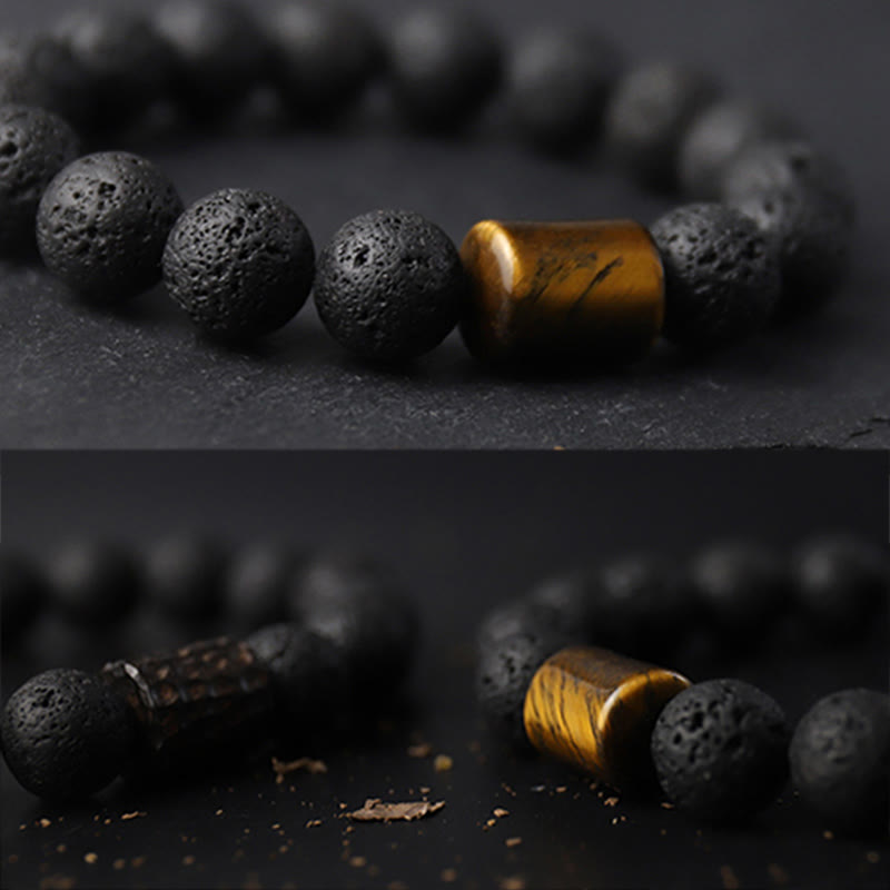 Buddha Stones Lava Rock Ebony Wood Tiger Eye Support Healing Bracelet