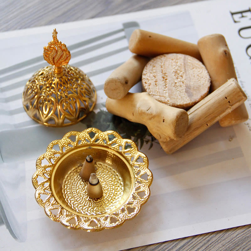 Gold Alloy Healing Mini Incense Burner With Wooden Coaster Home Decor