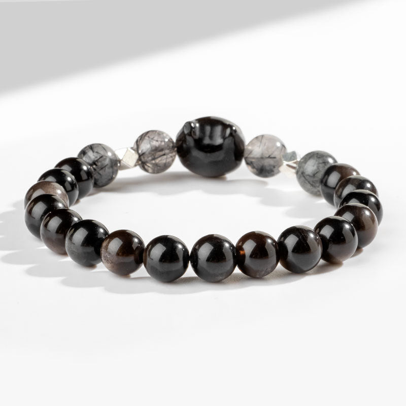 Buddha Stones Natural Silver Sheen Obsidian Cute Cat Head Protection Bracelet