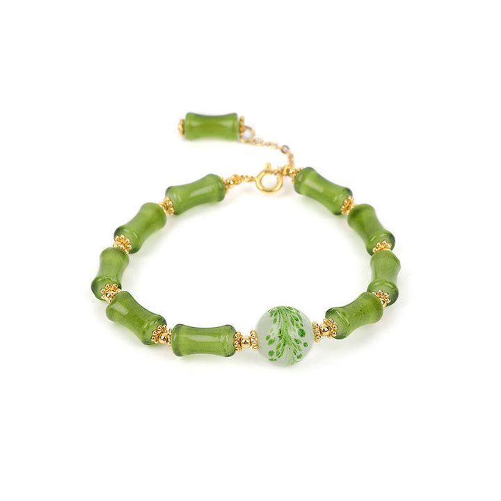 Buddha Stones Green Bamboo Pattern Liuli Crystal Moss Agate Wealth Chain Bracelet