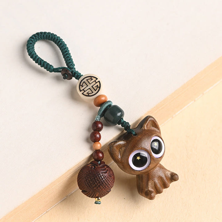 Buddha Stones Green Sandalwood Lucky Cat Koi Fish Cure Key Chain Phone Hanging Decoration