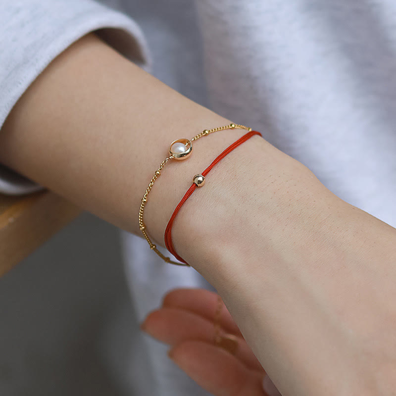 Buddha Stones 14K Gold Plated Pearl Bead Luck Red String Double Layer Bracelet