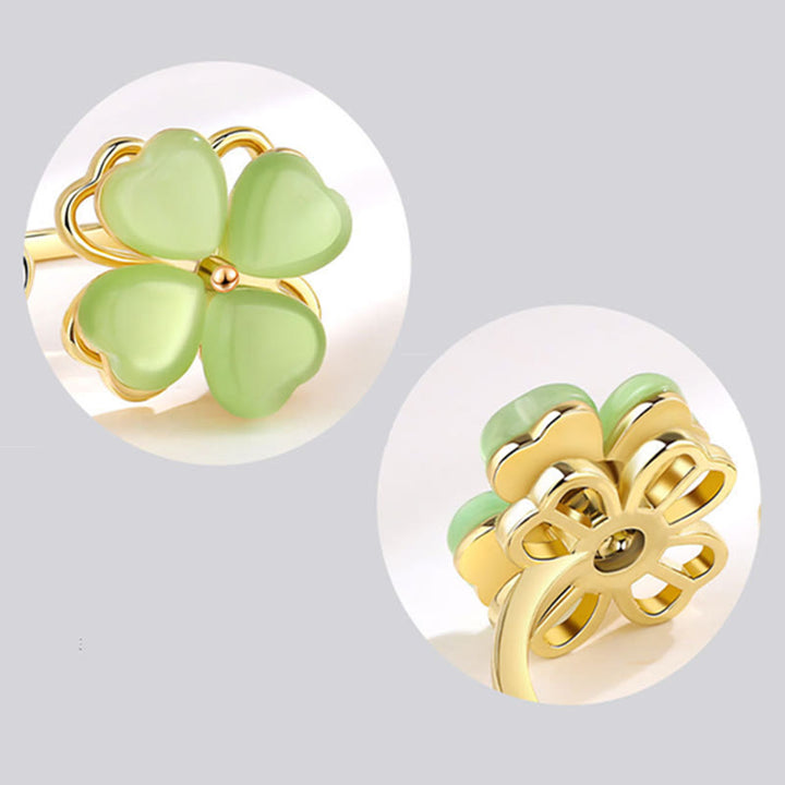 Buddha Stones Cat's Eye Four Leaf Clover Zircon Love Rotatable Ring