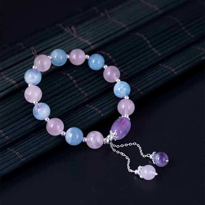 925 Sterling Silver Natural Crystal Purple Mica Stone Aquamarine Amethyst Healing Bracelet