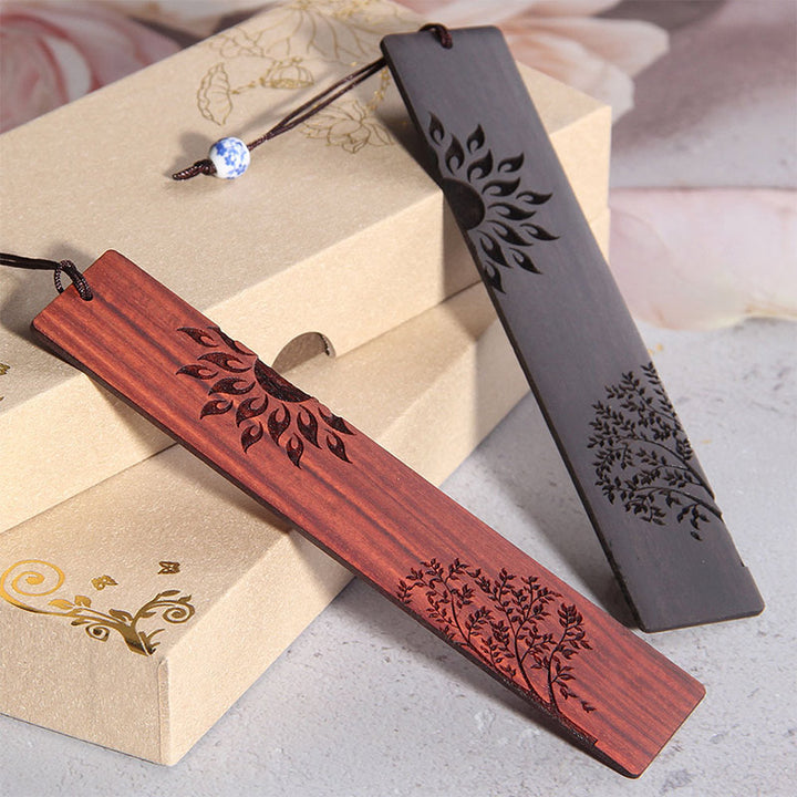 Buddha Stones Sun Tree Ebony Wood Small Leaf Red Sandalwood Bookmarks With Gift Box