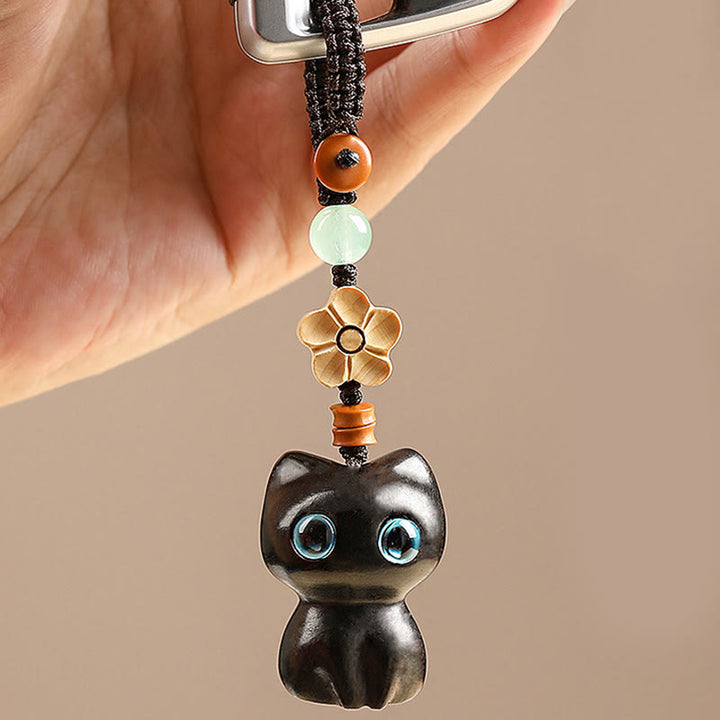 Buddha Stones Mini Small Leaf Red Sandalwood Ebony Wood Lucky Cat Lovely Kitty Peace Key Chain Phone Hanging Decoration