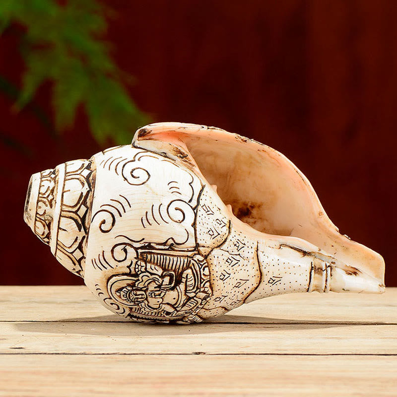 Tibetan Handmade Engraved Shankha Buddha Avalokitesvara Conch Shell Wealth Decoration