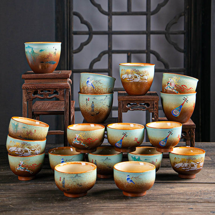 Buddha Stones Colorful Deer Pipa Snow Plum Blossoms Mountains Rivers Bird Ceramic Teacup Kung Fu Tea Cup Bowl