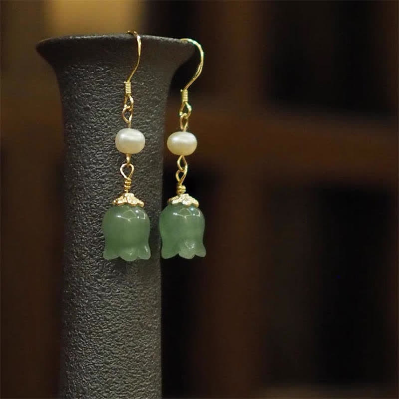 Buddha Stones Lily of The Valley Natural Green Aventurine 14K Gold Plated Luck Pearl Drop Dangle Floral Earrings