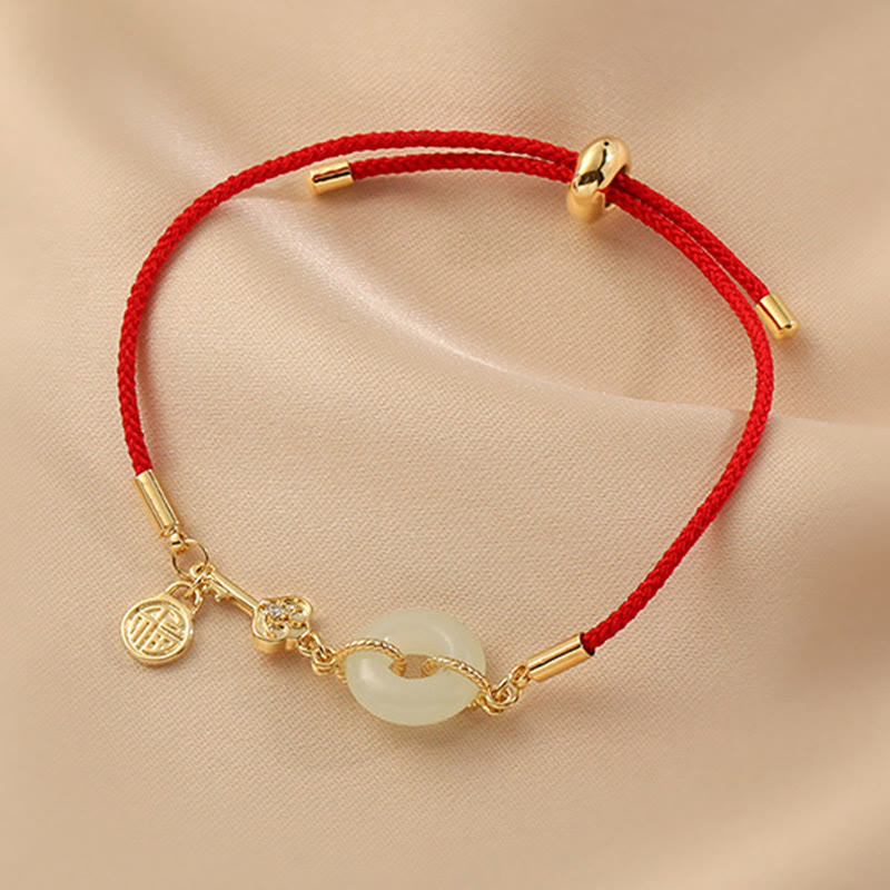 Buddha Stones 18K Gold Plated Hetian Jade Peace Buckle Fu Character Luck Red Rope Bracelet