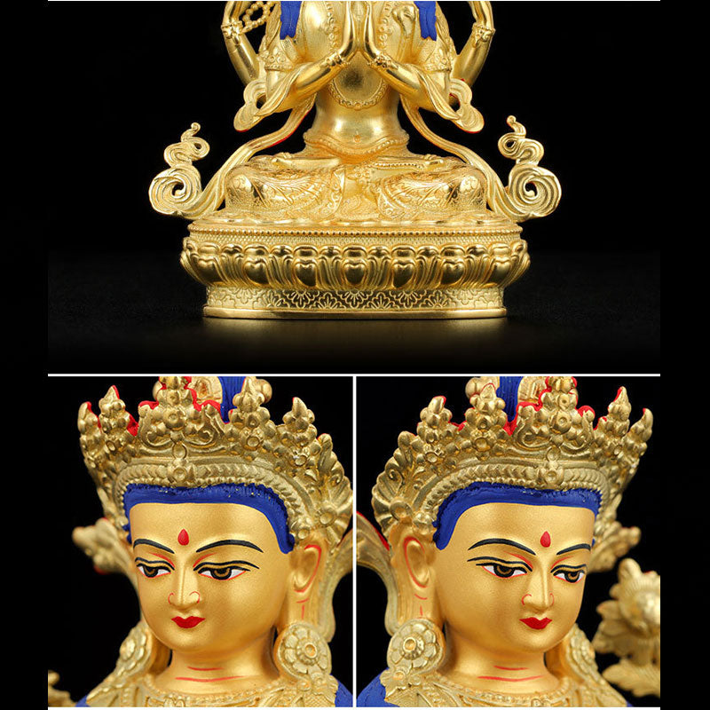 Chenrezig Four-armed Avalokitesvara Protection Copper Gold Plated Statue Decoration