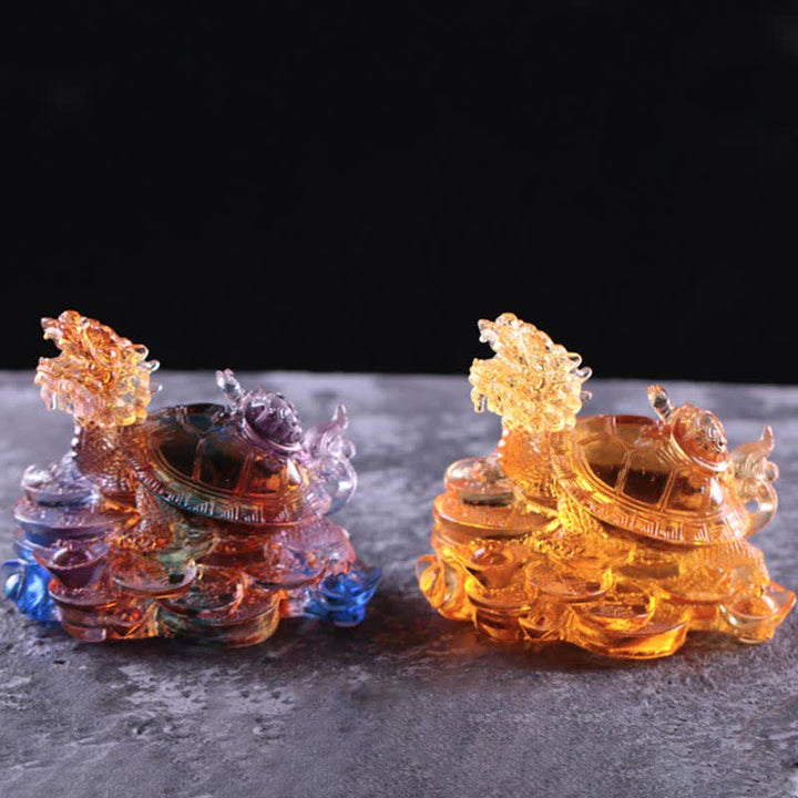 Buddha Stones Feng Shui Dragon Turtle Coins Handmade Liuli Crystal Luck Art Piece Home Office Decoration