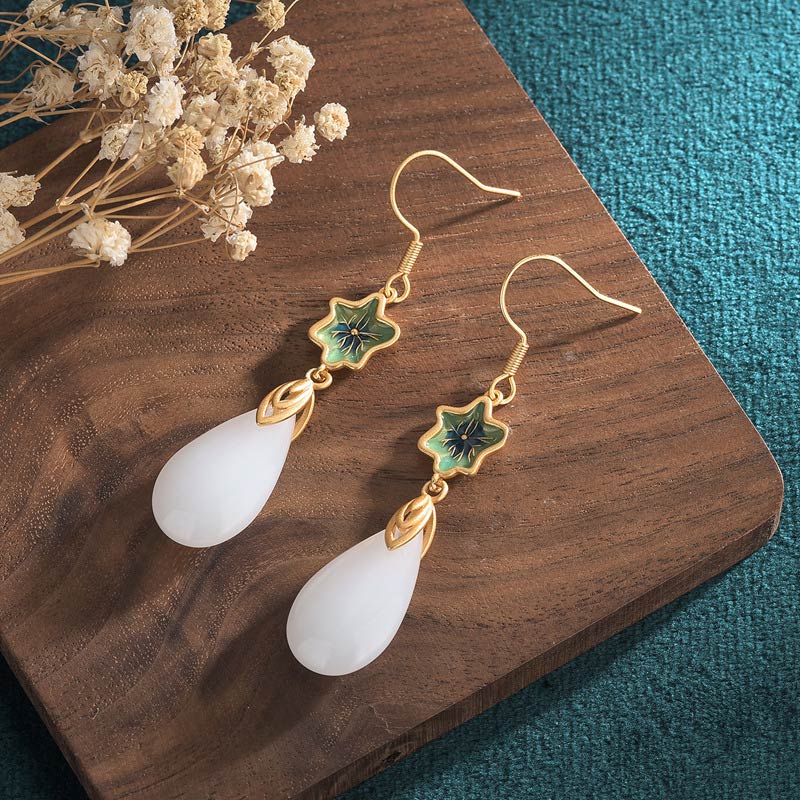 Buddha Stones FengShui White Jade Luck Drop Earrings