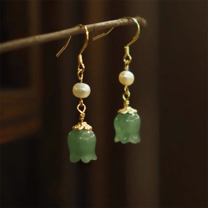 Buddha Stones Lily of The Valley Natural Green Aventurine 14K Gold Plated Luck Pearl Drop Dangle Floral Earrings