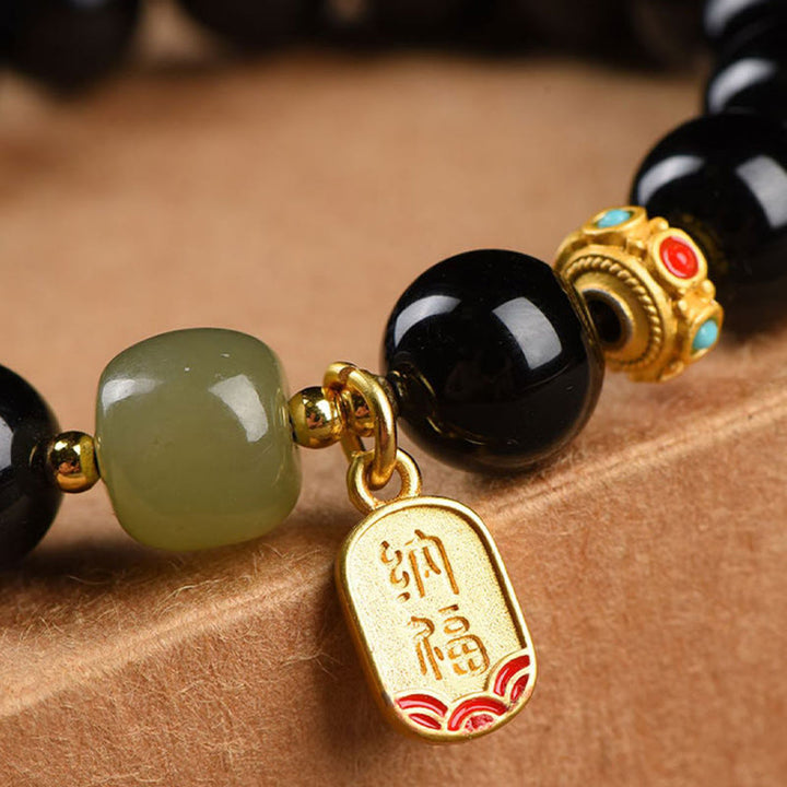 Buddha Stones Black Onyx Hetian Jade Bead Lucky Fortune Charm Bracelet