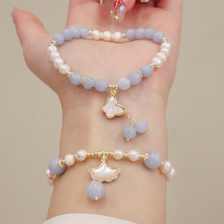 Buddha Stones Natural Aquamarine Pearl Healing Ginkgo Leaf Butterfly Charm Bracelet