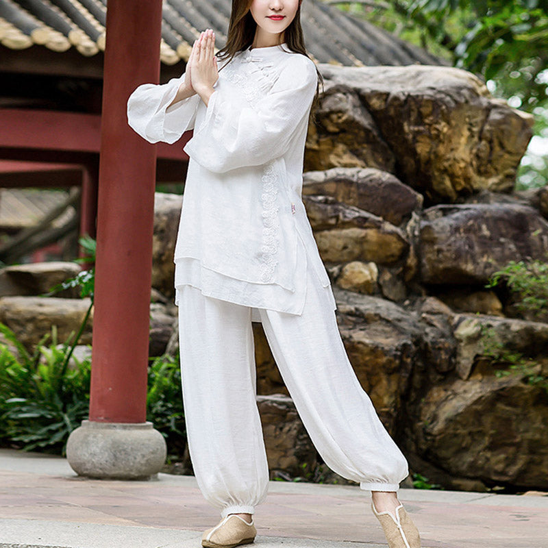 Buddha Stones 2Pcs White Flowers Yoga Clothing Meditation Clothing Top Pants Women's Set