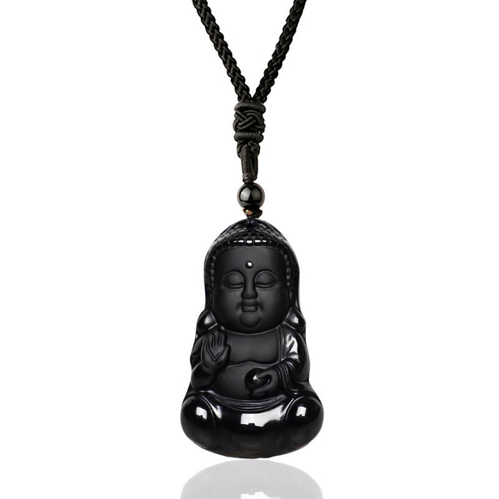 Buddha Stones Natural Black Obsidian Crystal Buddha Strength Protection Amulet Lucky Charm Pendant Necklace