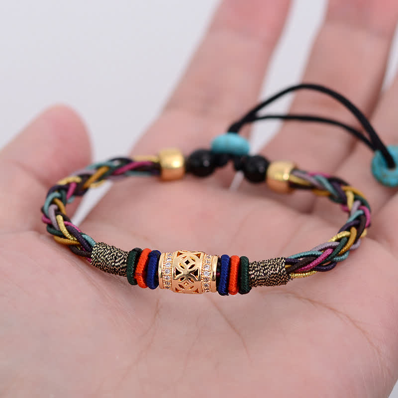 Buddha Stones Tibetan Handmade Eight Thread Knot Copper Coin Luck Weave String Bracelet