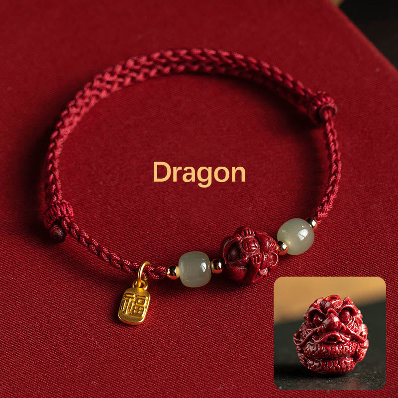 Buddha Stones Natural Cinnabar Chinese Zodiac Hetian Jade Fu Character Luck Rope Bracelet