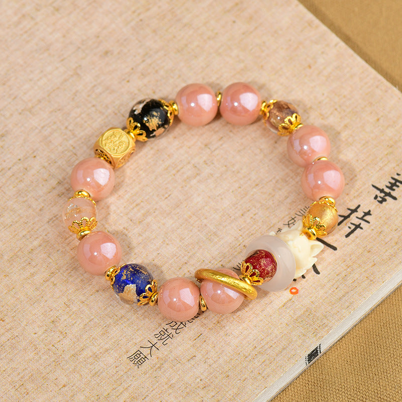 Buddha Stones Tibetan Incense Ash Liuli Glass Bead Luck Protection Nine-Tailed Fox Bracelet