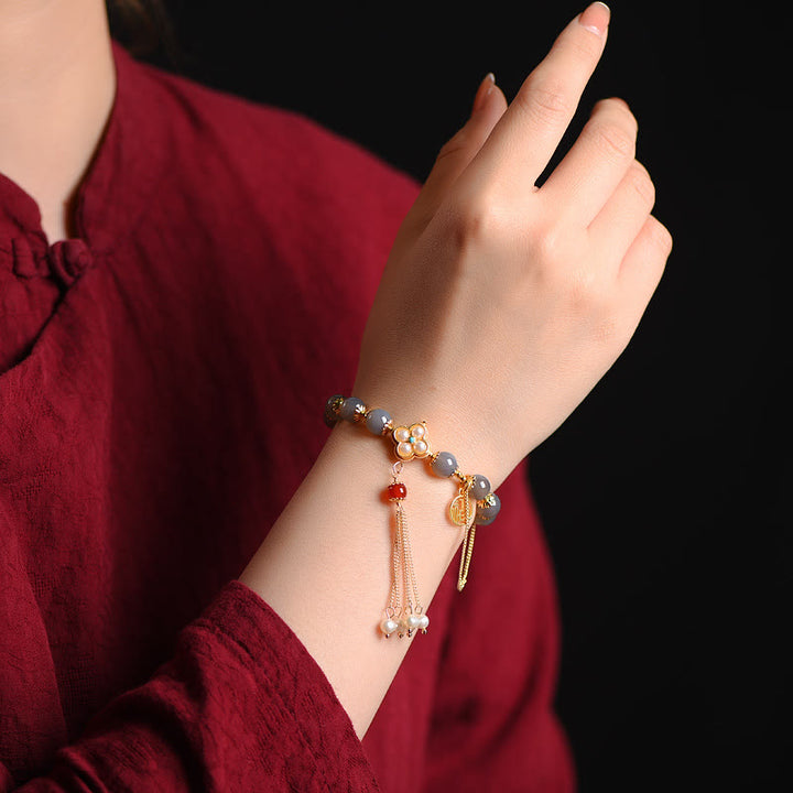 Buddha Stones Natural Gray Agate Fu Character Pearl Tassel Balance Bracelet