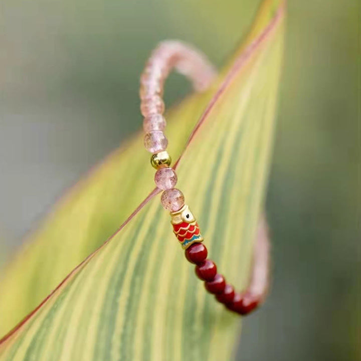 Buddha Stones Natural Strawberry Quartz Cinnabar Lucky Koi Fish Healing Bracelet