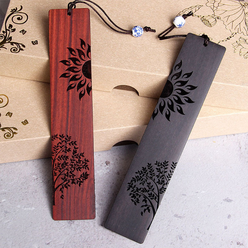 Buddha Stones Sun Tree Ebony Wood Small Leaf Red Sandalwood Bookmarks With Gift Box