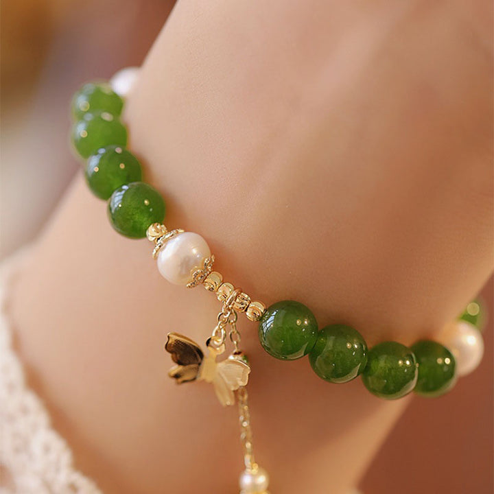 Buddha Stones Natural Green Chalcedony Pearl Butterfly Courage Strength Bracelet