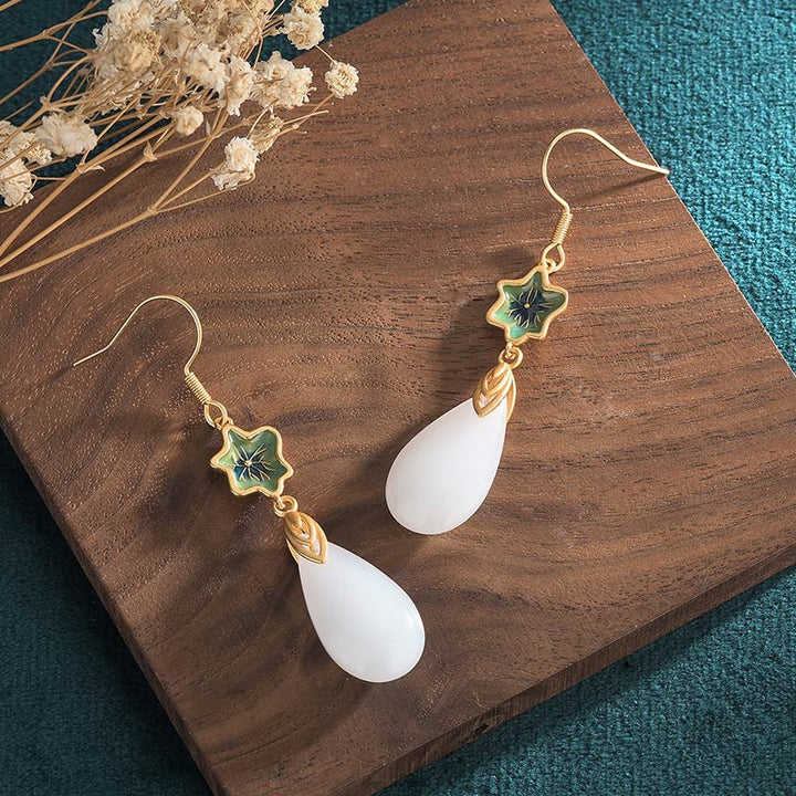 Buddha Stones FengShui White Jade Luck Drop Earrings