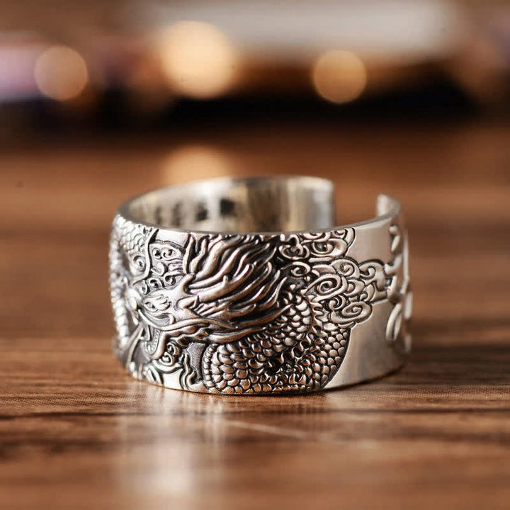 Buddha Stones 999 Sterling Silver Dragon Carved Pattern Protection Success Ring